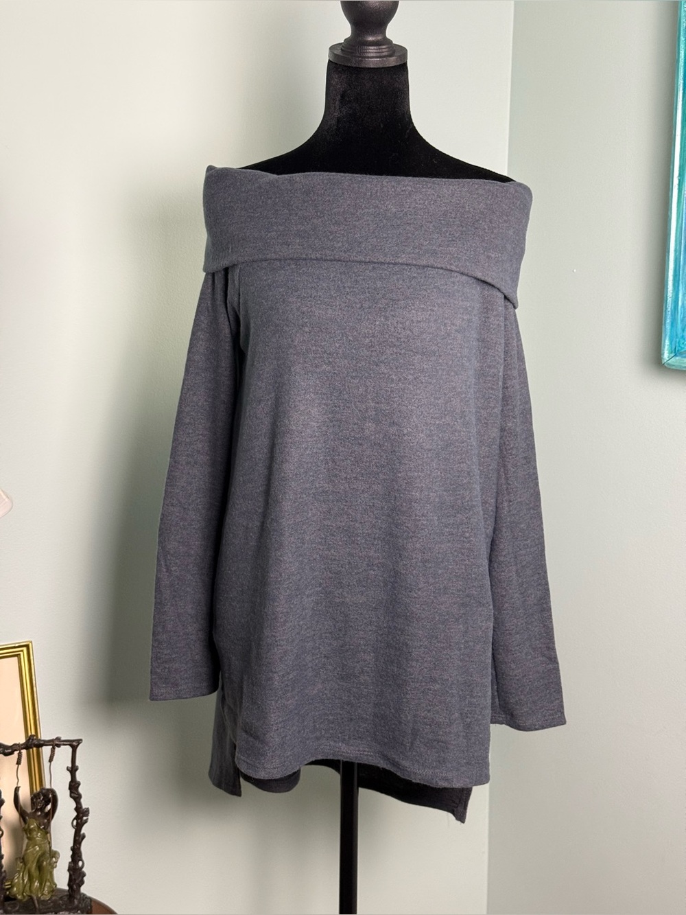 NWOT Off-Shoulder Long Sleeve Tunic Cowl Neck Sweater By mts - Gray Size Small